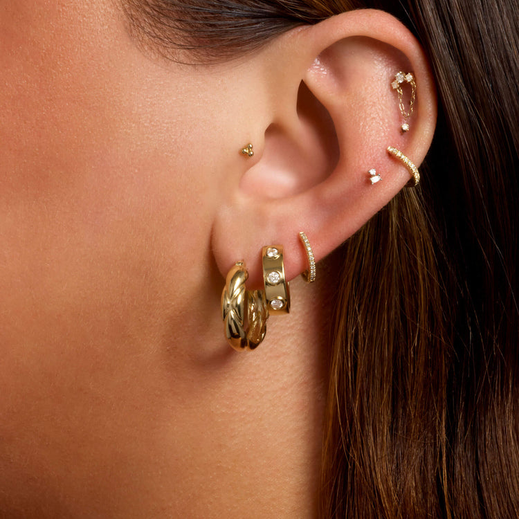 Image of 14K Yellow Gold Puff Puff Quilted Hoops with Stone and Strand Earrings