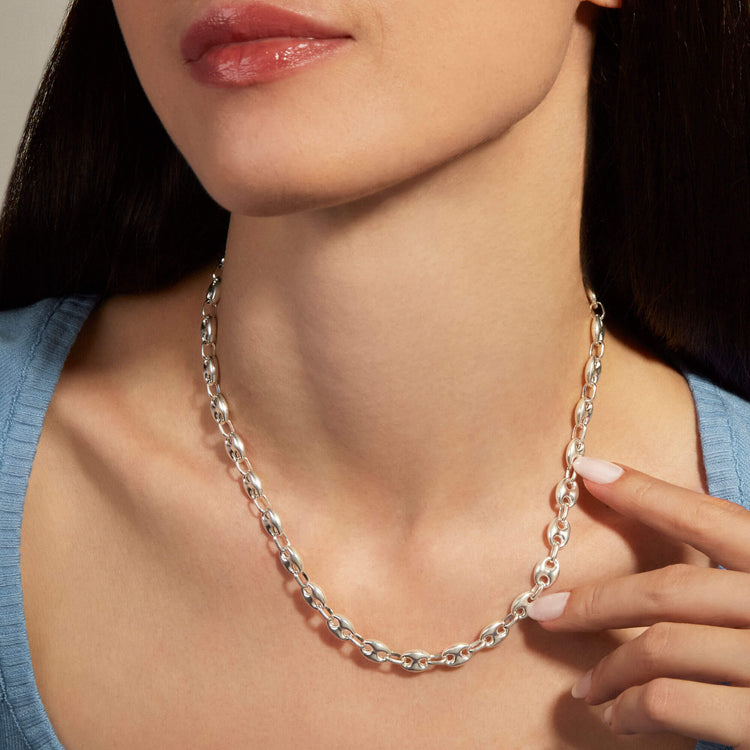 Image of Sterling Silver Puffed Maritime Silver Necklace on Models Neck