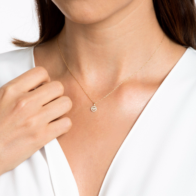 Image of 10K Yellow Gold Pave Smiley Heart Eye Necklace on Models Neck