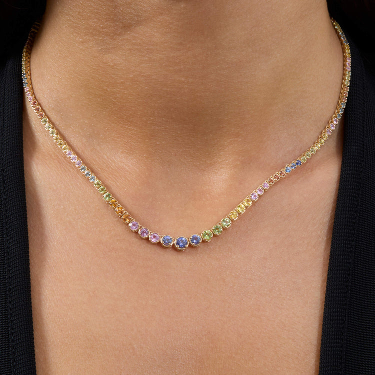 Image of 10K Yellow Gold Rainbow Bright Tennis Necklace on Models Neck