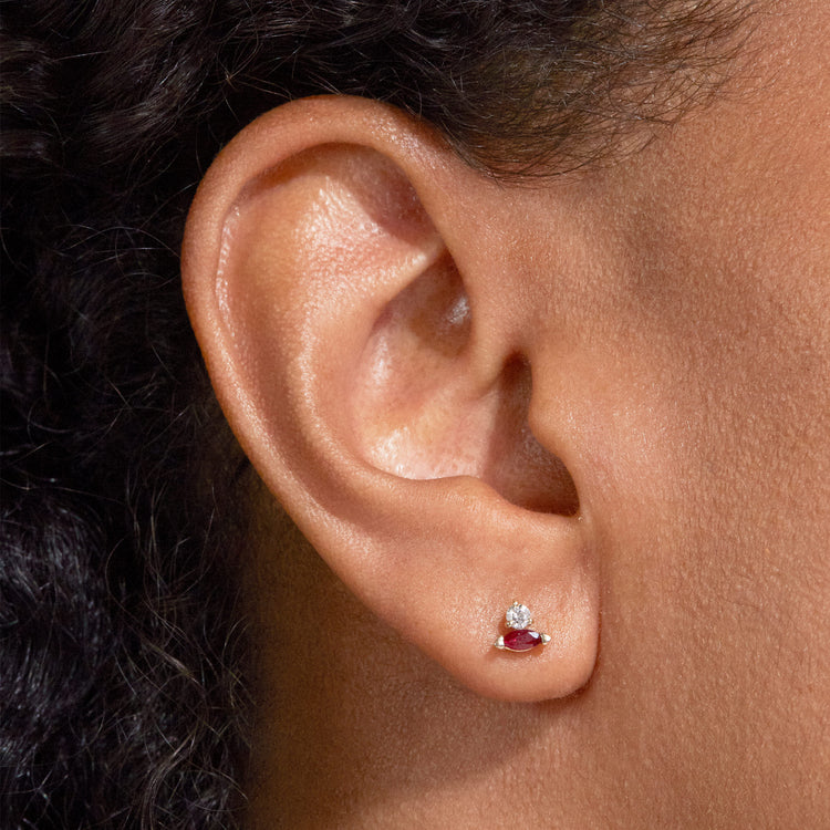 Image of 14K Yellow Gold Ruby Diamond Push Pin Flat Back on Models Ear