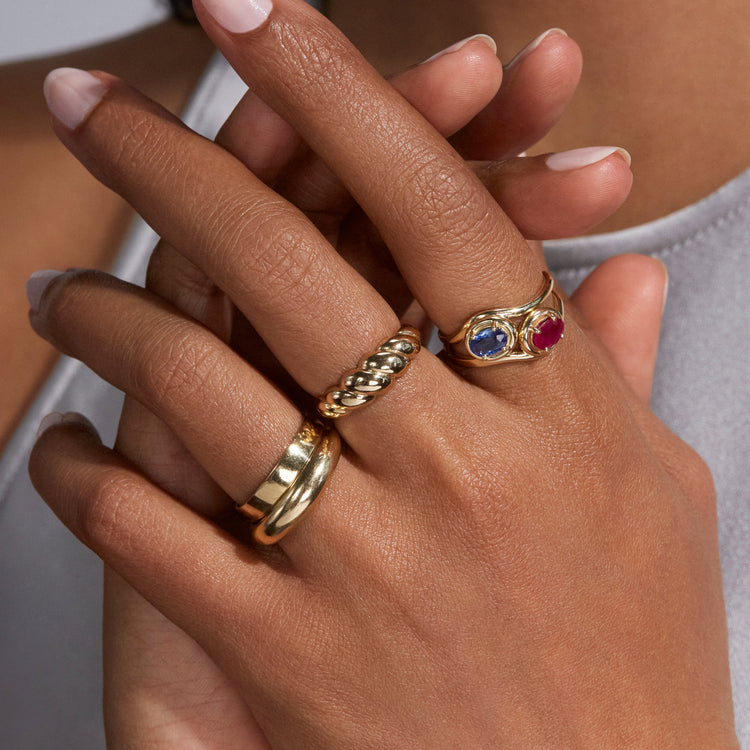 Image of 10K Yellow Gold Blue Sapphire Bonbon Merge Ring with Stone and Strand Rings