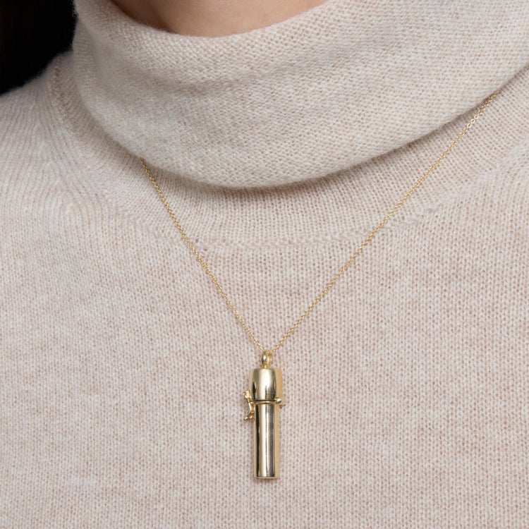 Image of 14K Yellow Gold Scroll Necklace on Models Neck