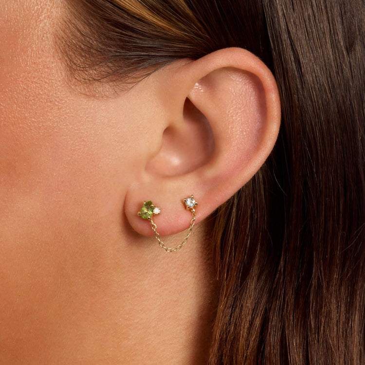 Image of 10K Yellow Gold Seagrass Double Up Diamond Stud with Gemstones on Models Ear