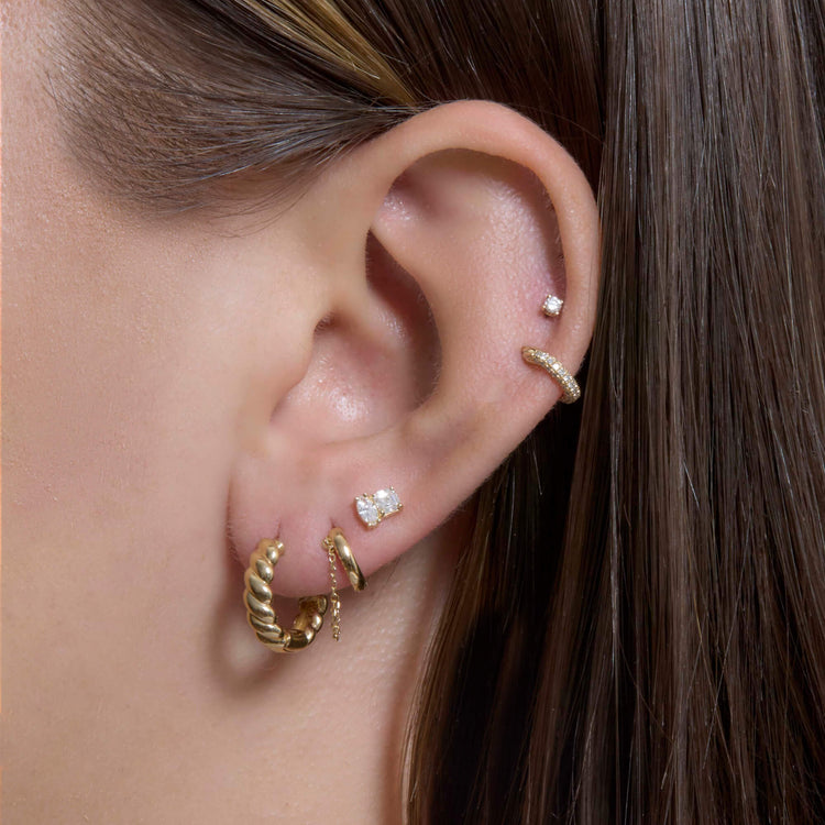 Image of 14K Yellow Gold Second Hole Mini Chain Reaction Huggie with Stone and Strand Earrings