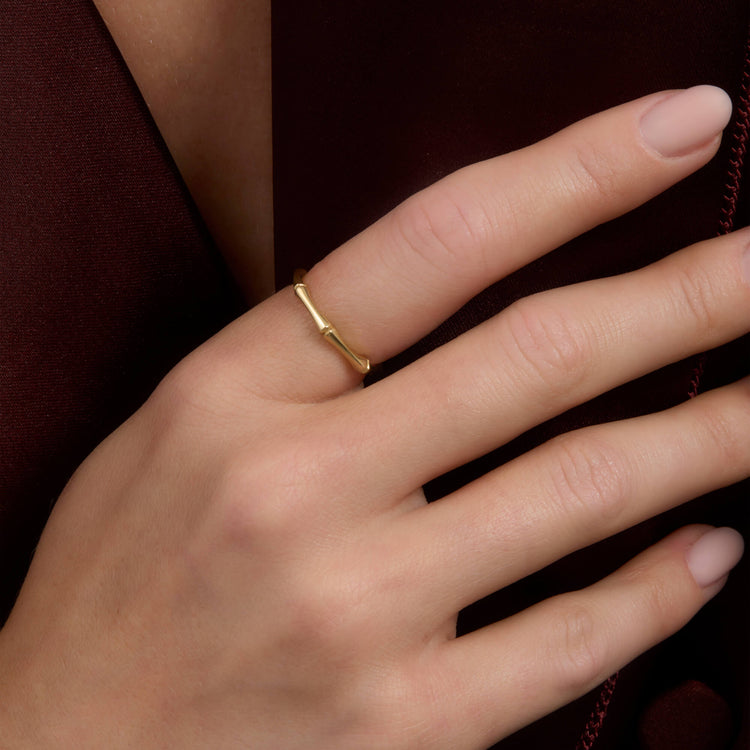 Image of 14K Yellow Gold Slim Gold Bamboo Ring on Models Hand
