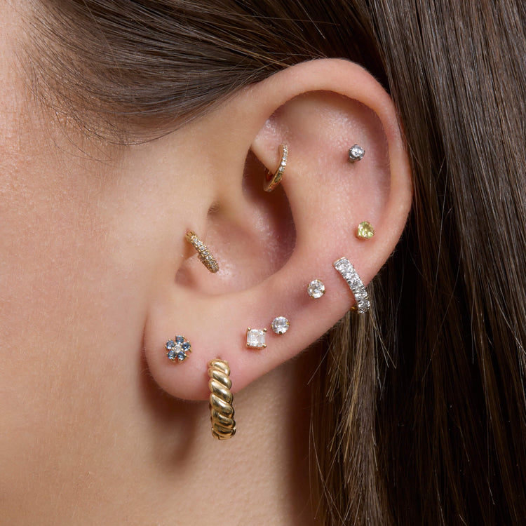 Image of 10K Yellow Gold Small Blue Sapphire and Diamond Flower Stud with Stone and Strand Earrings