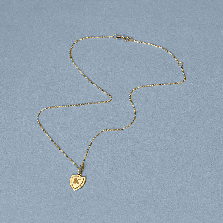 Stone and Strand 14K Yellow Gold Small Gold Initial Crest Necklace Editorial Image