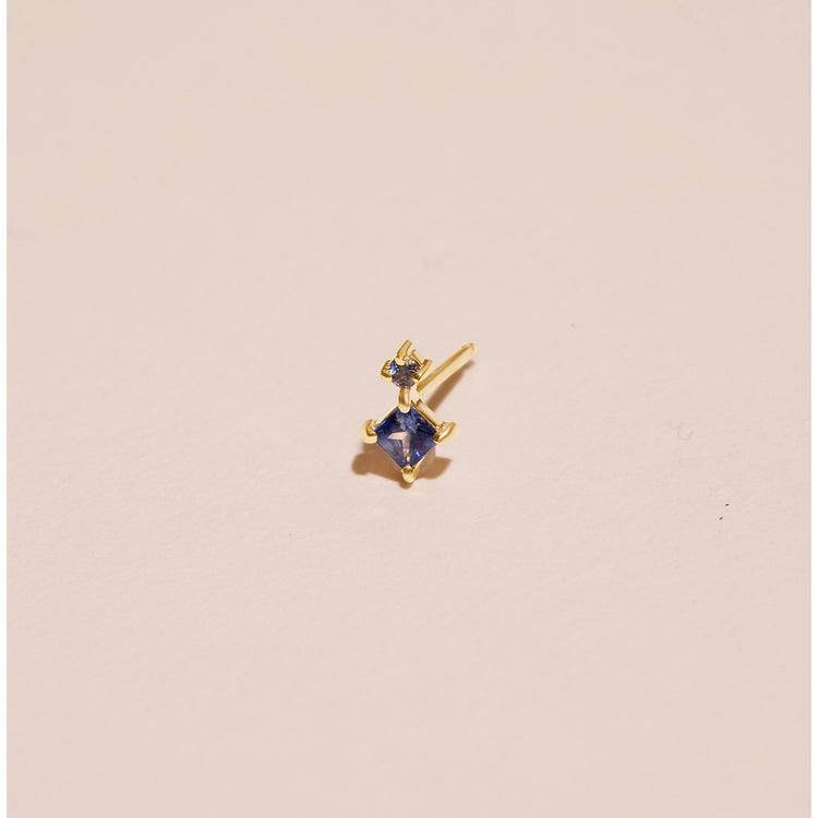 Stone and Strand 10K Yellow Gold Small Le Bleu Blue Sapphire Double Stud Editorial Image