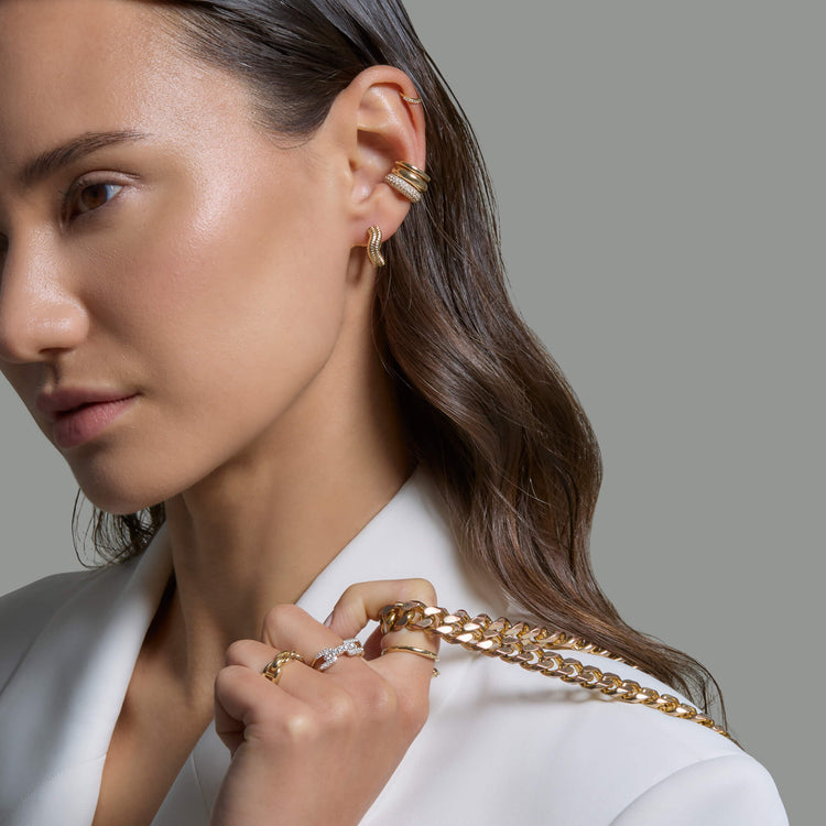 Image of Small Puff Ear Cuff with Stone and Strand solid gold jewelry