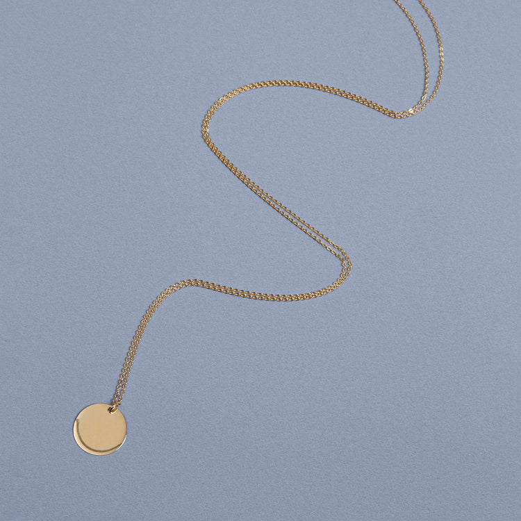 Stone and Strand 14K Yellow Solid Gold Classic Engraveable Disc Pendant Editorial Image