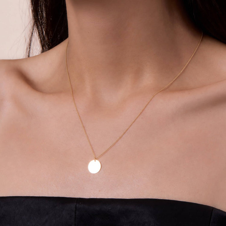 Image of 14K Solid Yellow Gold Classic Engraveable Disc Pendant on Models Neck