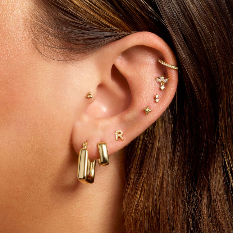 Image of 10K Yellow Gold Square Second Hole Huggies with Stone and Strand Earrings