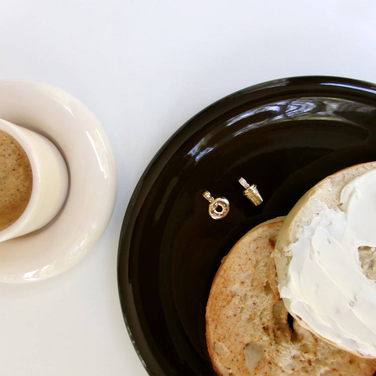 Still life image of Coffee Meets Bagel Charm Set with Stone and Strand solid gold jewelry