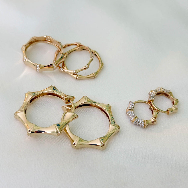 Still life image of Diamond Bamboo Resort Hoops with Stone and Strand solid gold jewelry
