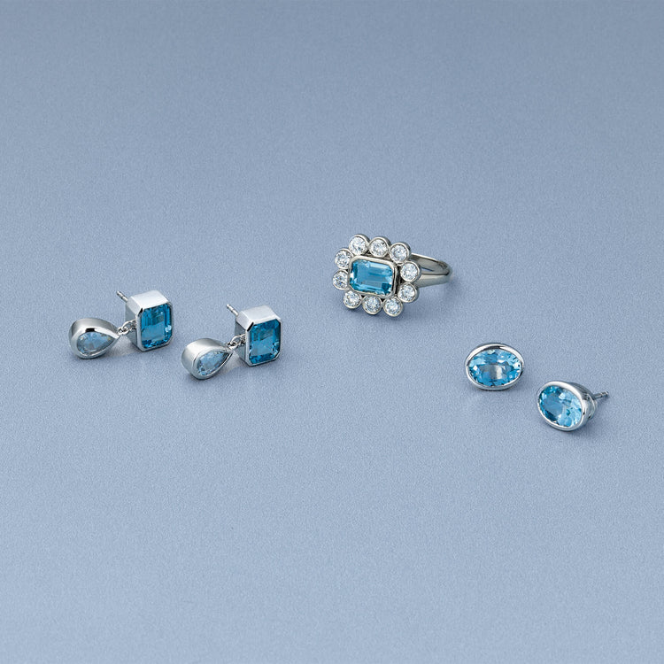 Still life image of Full Volume Le Bleu Drop Earrings with Stone and Strand solid gold jewelry