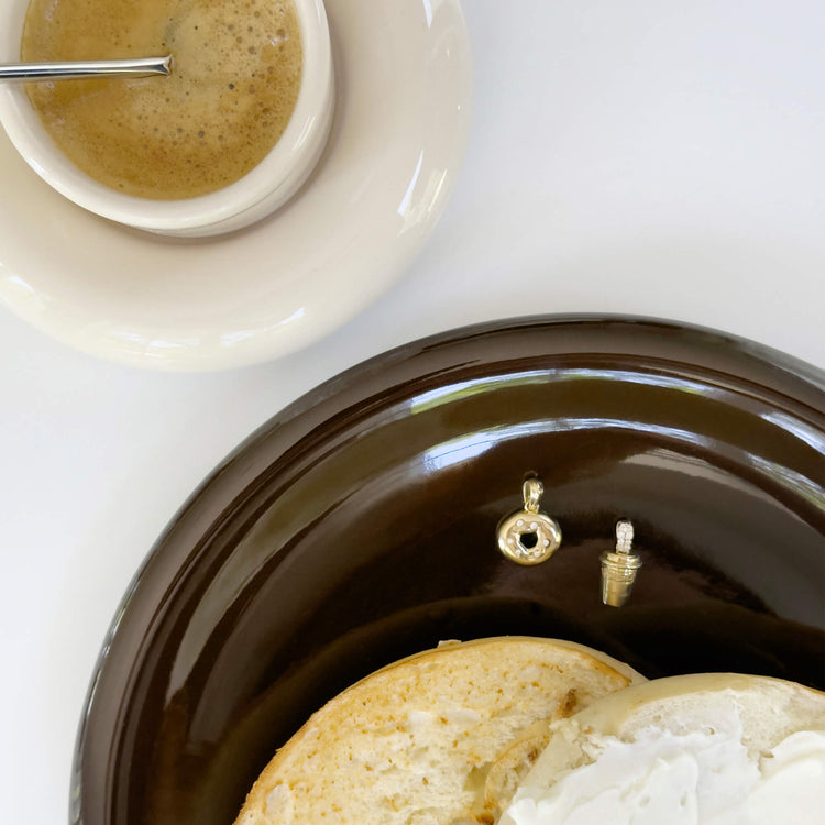Still life image of Gold Coffee Brunch Charm with Stone and Strand solid gold jewelry