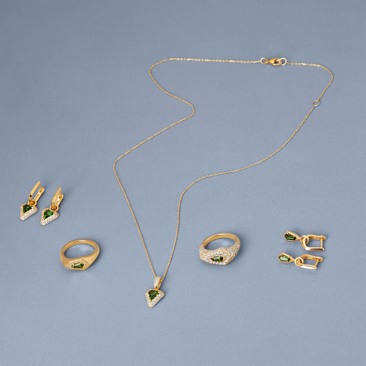 Still life image of Green Tourmaline Pave Shield Power Charm Necklace with Stone and Strand solid gold jewelry