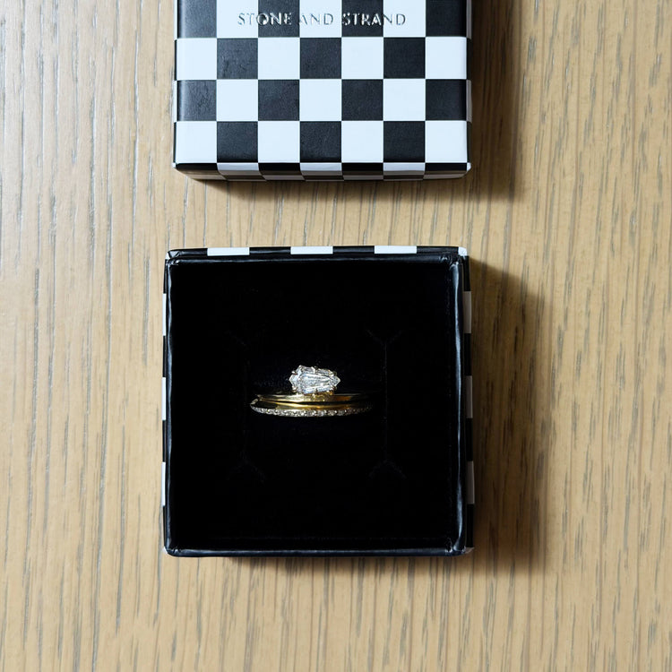 Still life image of LAB-Created Shield Diamond Ring Stack with Stone and Strand gift box