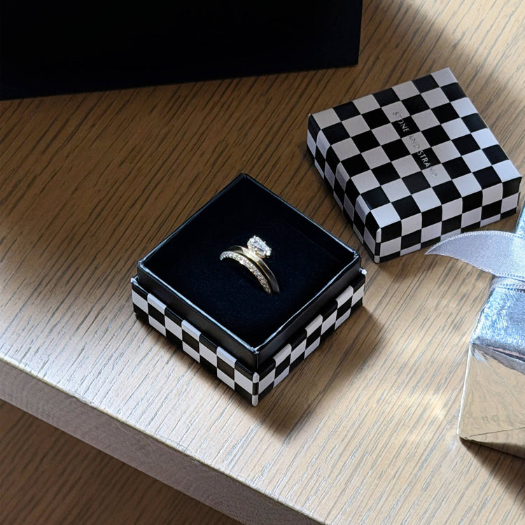 Still life image of LAB-Created Shield Diamond Ring Stack with Stone and Strand gift box