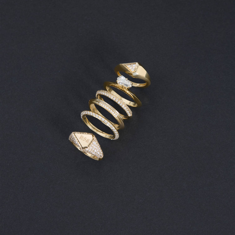 Still life image of LAB-Created Shield Diamond Ring Stack with Stone and Strand solid gold jewelry