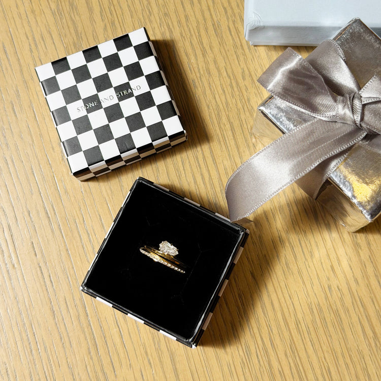 Still life image of LAB-Created Shield Diamond Ring Stack with Stone and Strand gift box