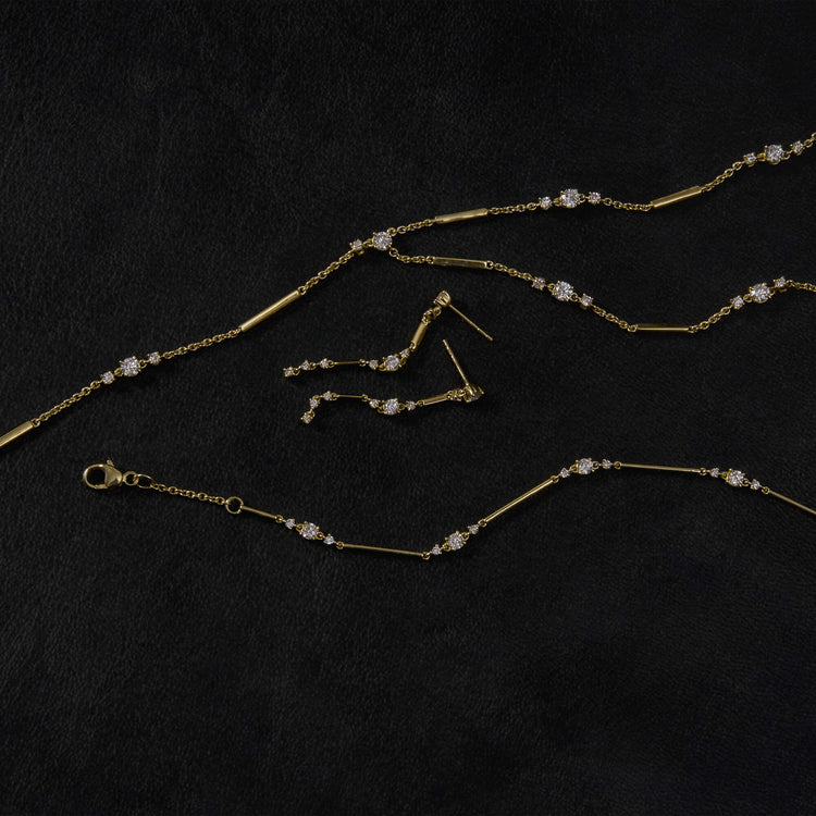 Still life image of LAB-Created Morse Code Drop Earrings with Stone and Strand solid gold jewelry