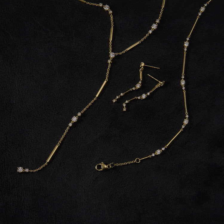 Still life image of LAB-Created Morse Code Drop Earrings with Stone and Strand solid gold jewelry