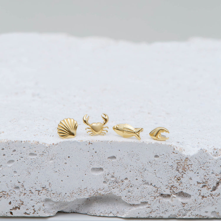 Still life image of Scallop Shell Flat Back Piercing Earring with Stone and Strand solid gold jewelry