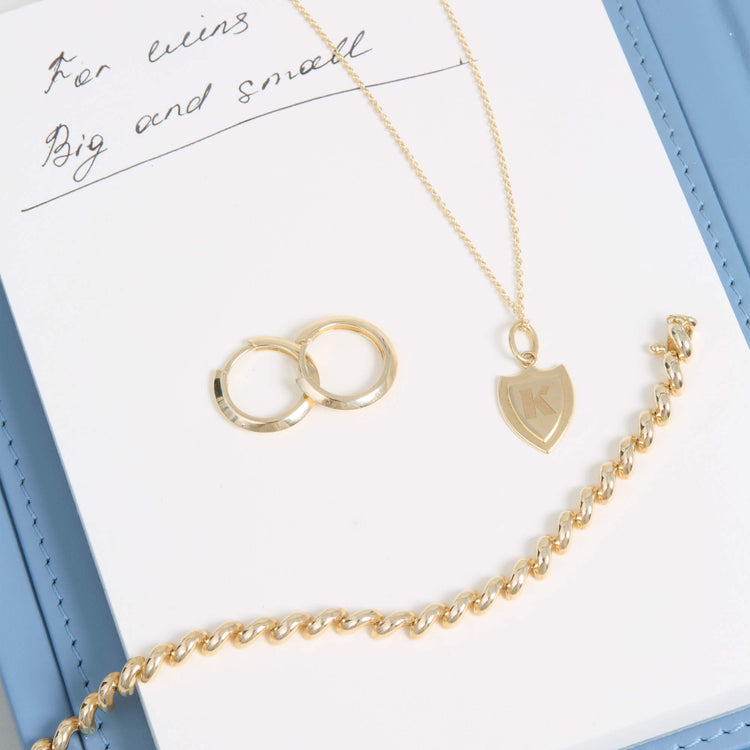 Still life image of Small Gold Initial Crest Necklace with Stone and Strand solid gold jewelry