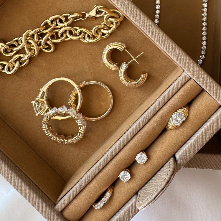 Still life image of Heart of the Matter Diamond Pinky Signet with Stone and Strand solid gold jewelry