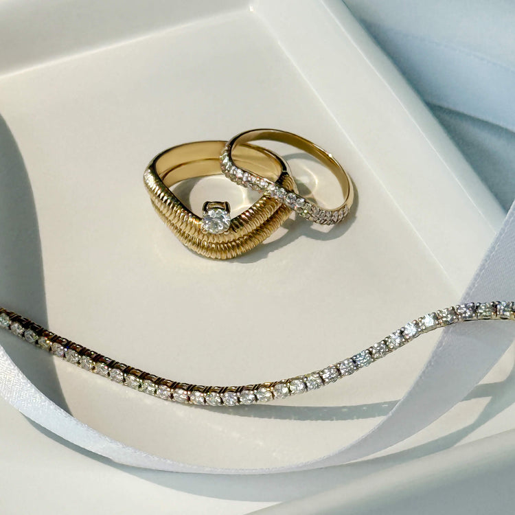 Still life image of Anjelica Pave Stacking Band with Stone and Strand solid gold jewelry