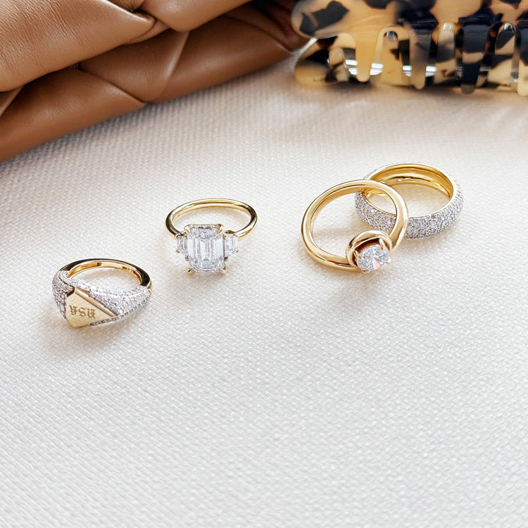 Still life image of Engraveable Pave Shield Signet Ring with Stone and Strand solid gold jewelry