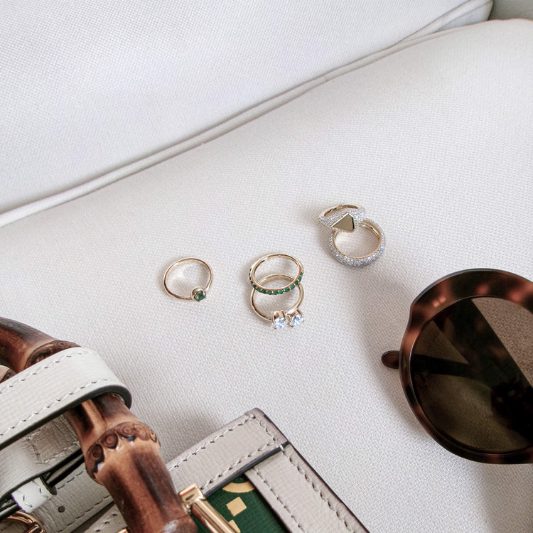 Still life image of Engraveable Pave Shield Signet Ring with Stone and Strand solid gold jewelry