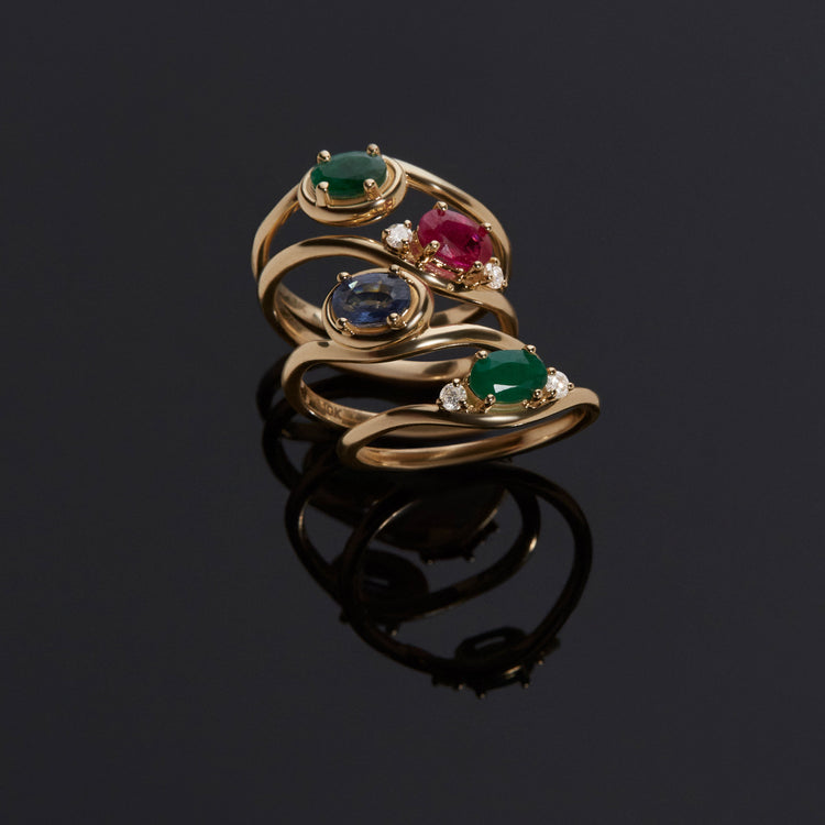 Still life image of Ruby Diamond Merge Ring with Stone and Strand solid gold jewelry