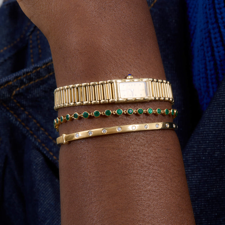 Model wearing Dainty Together Forever Diamond Bangle with solid gold Stone and Strand jewelry