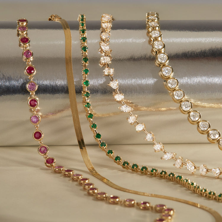 Still life image of Pink Power Bubble Bracelet with Stone and Strand solid gold jewelry