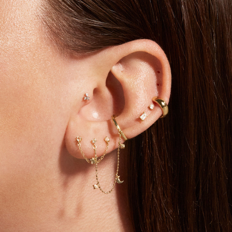 Image of 10K Yellow Gold Chained Topaz Double Earring with Stone and Strand Earrings