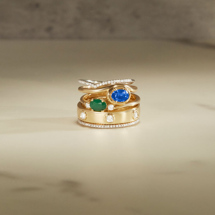 Still life image of Pave Diamond V Band with Stone and Strand solid gold jewelry