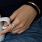 Model wearing Diamond Channel Ring with solid gold Stone and Strand jewelry