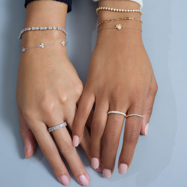 Model wearing Lab-Created Diamond Fleur Bracelet with solid gold Stone and Strand jewelry