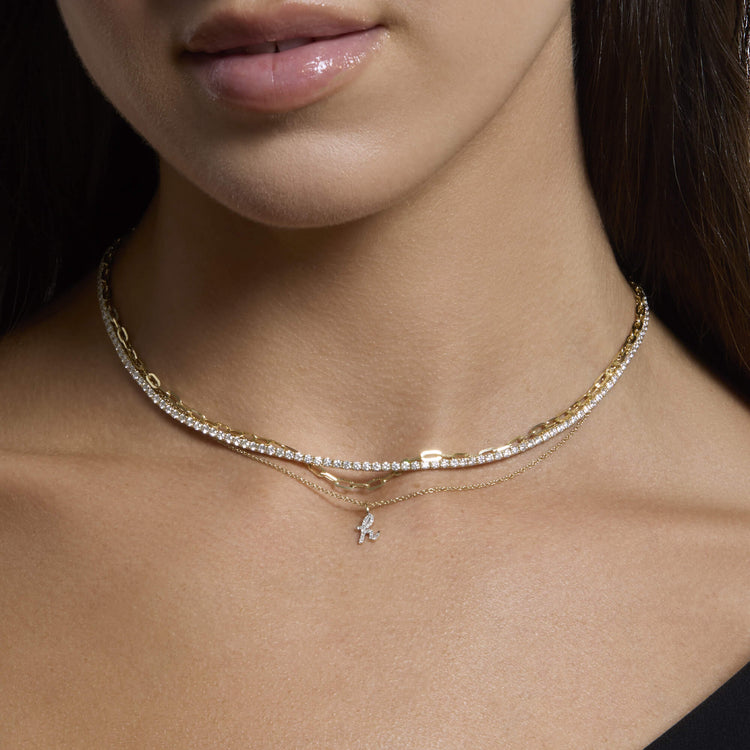 Image of 14K Yellow Gold Diamond Cursive Initial Necklace with Stone and Strand Necklaces