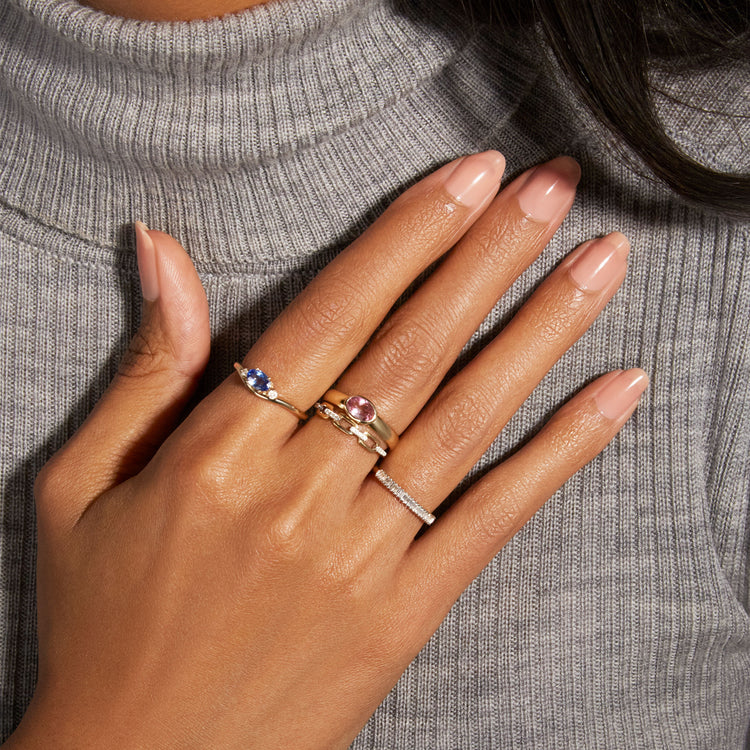 Image of 10K Yellow Gold Pave Diamond Open Linked Ring with Stone and Strand Rings