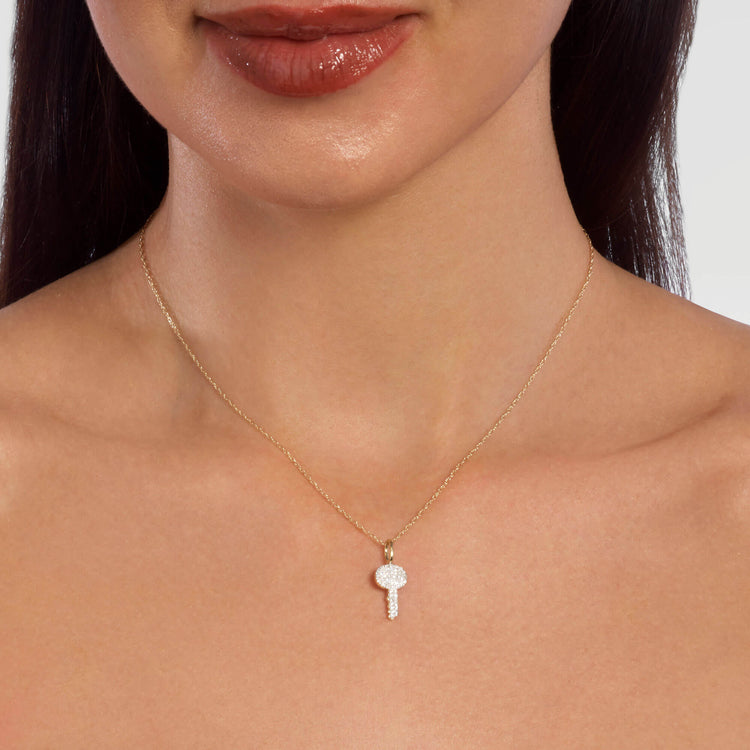 Image of 14K Yellow Gold Sweet Home Pave Key Necklace on Models Neck