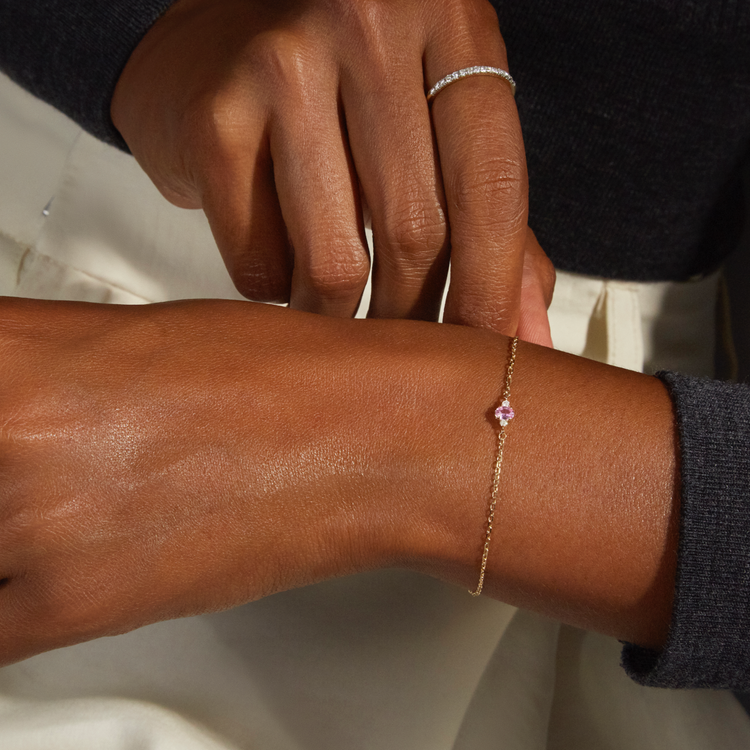 Image of 10K Yellow Gold Sapphire Luxe Dainty Pink Bracelet with Pink Sapphire on Models Arm