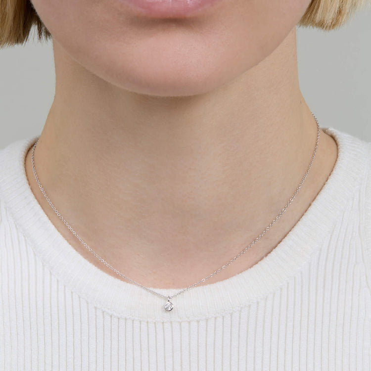 Image of 14K White Gold The Essential Dainty Diamond Solitaire Necklace on Models Neck