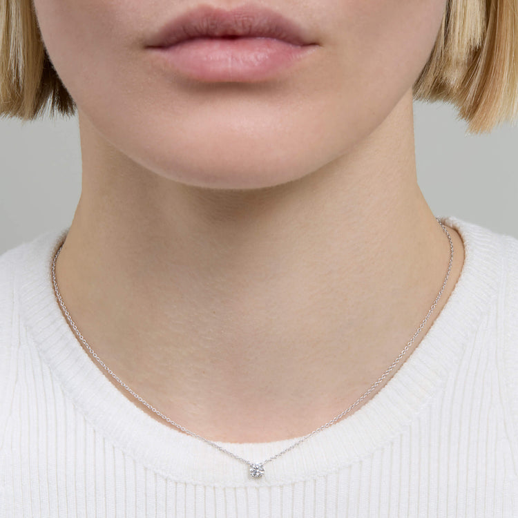 Image of 14K White Gold The Essential Diamond Solitaire Necklace on Models Neck