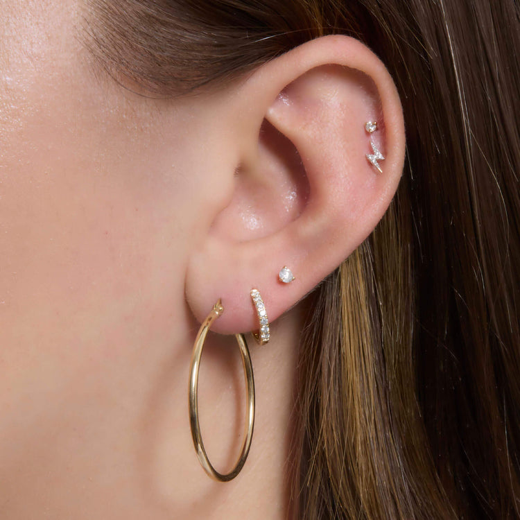 Image of 14K Yellow Gold Thin Gold Hoops 30mm with Stone and Strand Earrings