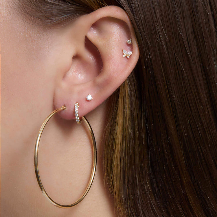 Image of 14K Yellow Gold Thin Gold Hoops 50mm with Stone and Strand Earrings