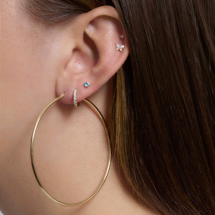Image of 14K Yellow Gold Thin Gold Hoops 65mm with Stone and Strand Earrings